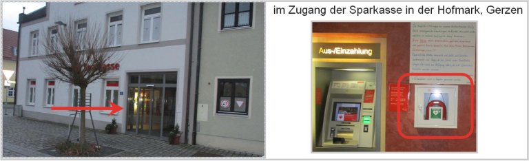 Defibrillator im Zugang an der Sparkasse in der Hofmark, Gerzen