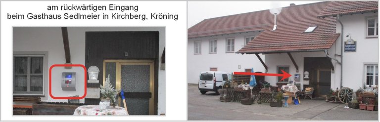 Defibrillator am rückwärtigen Eingang beim Gasthaus Sedlmeier in Kirchberg, Kröning